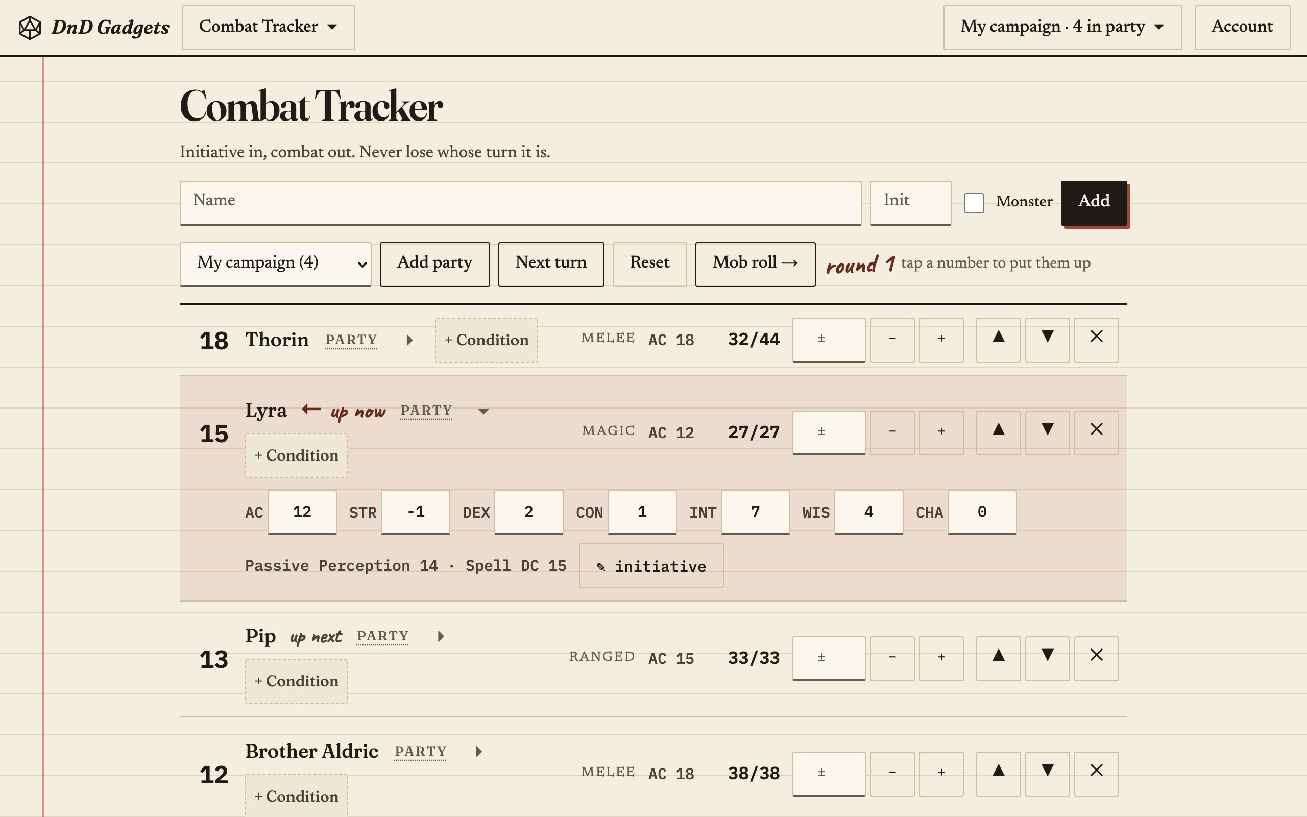 Combat Tracker in use: Initiative in, combat out. Never lose whose turn it is.