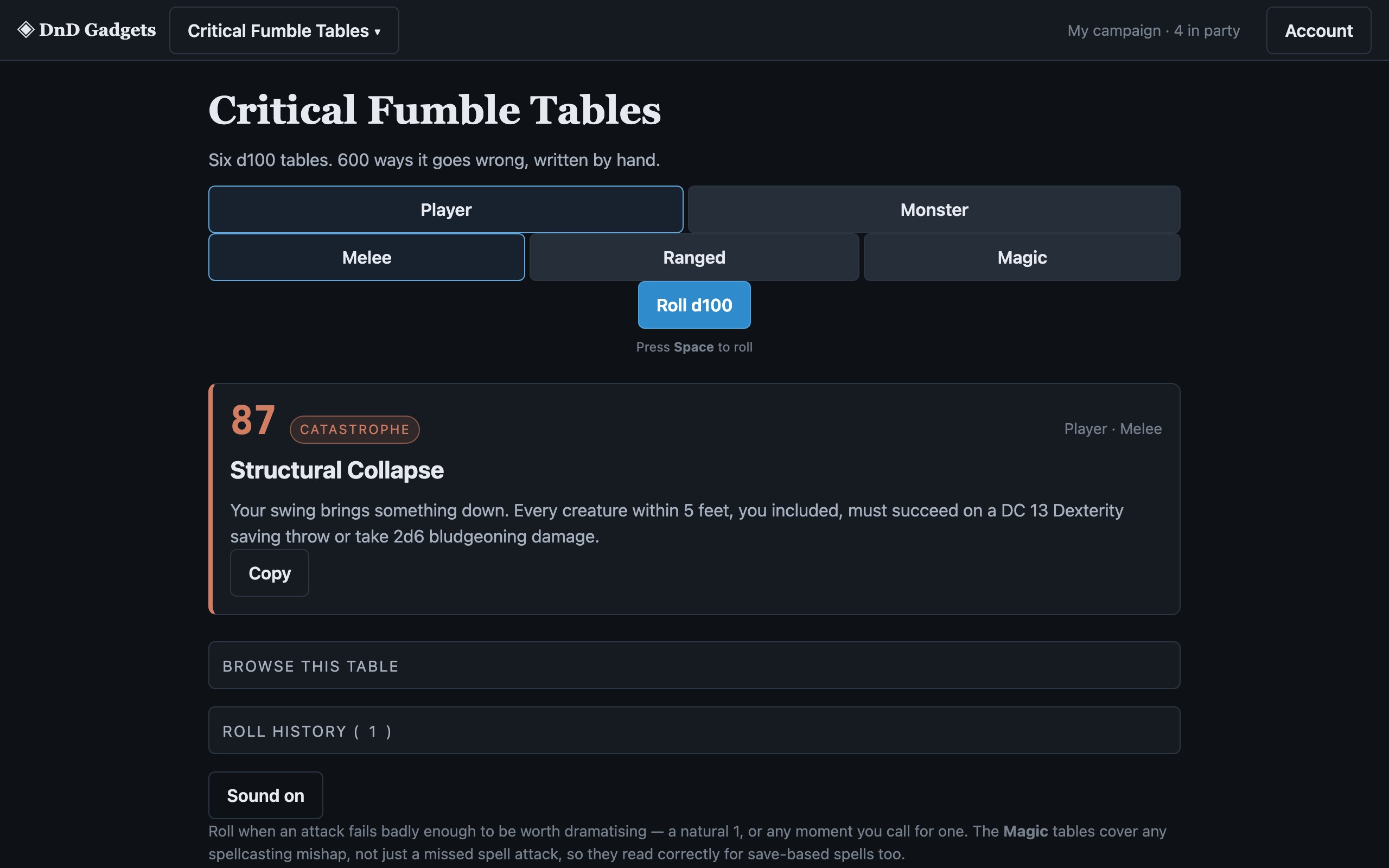 A rolled fumble result showing its severity tier, effect text and the browsable table beneath.