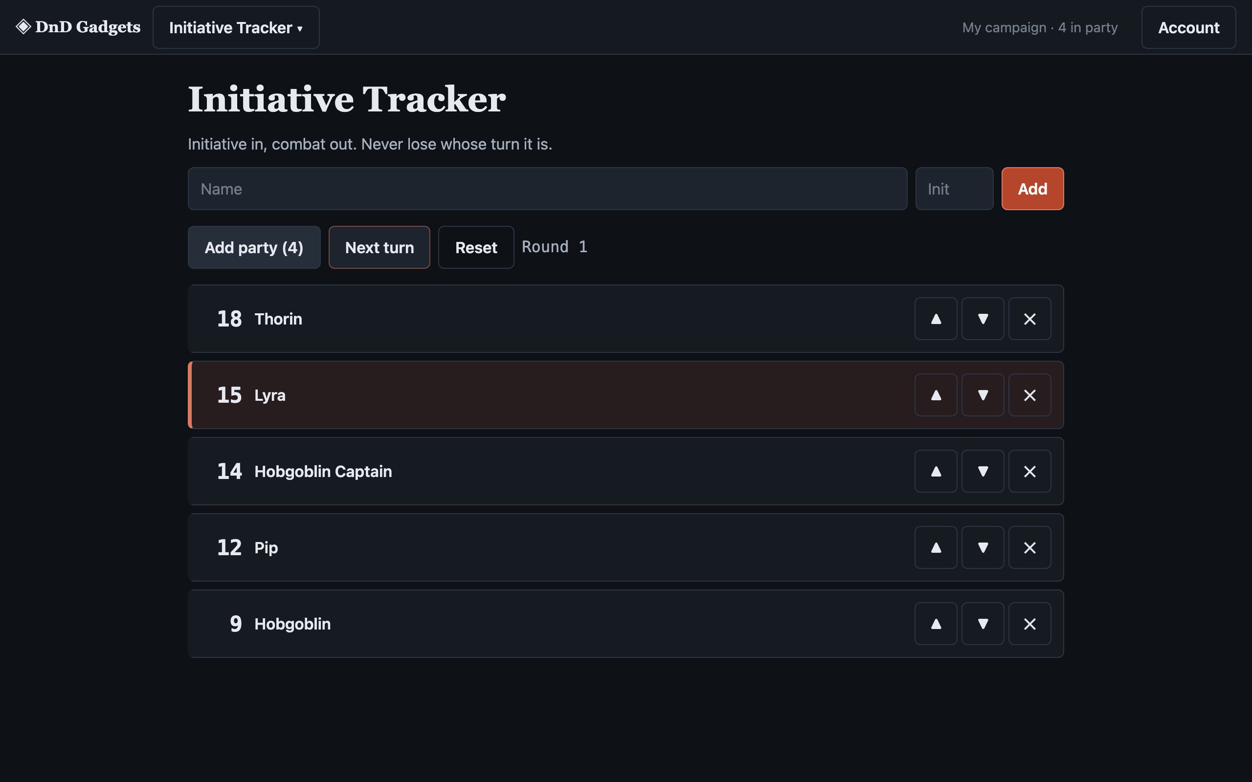 The Initiative Tracker mid-combat, with the active character highlighted and the party loaded from a saved session.