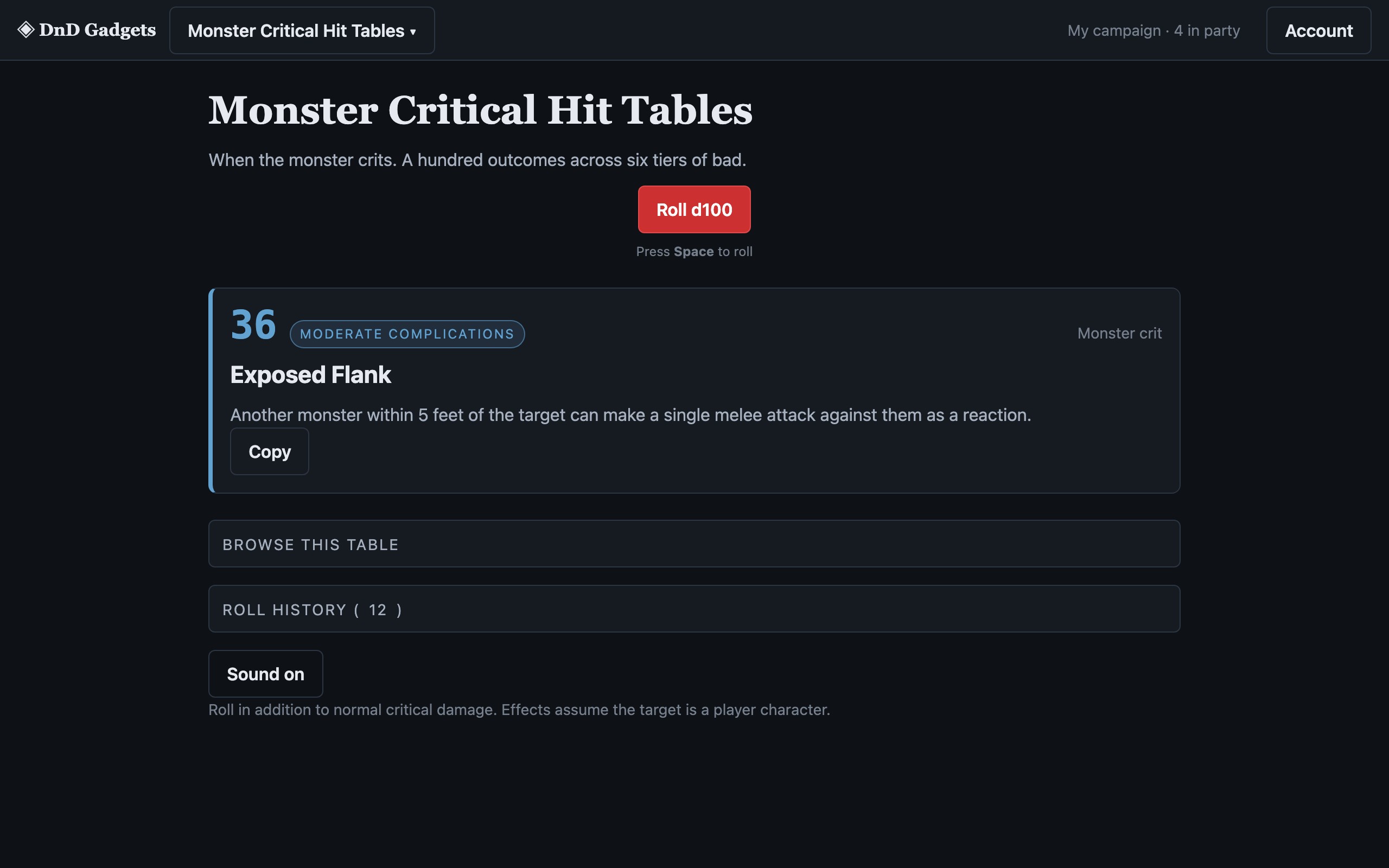Monster Critical Hit Tables in use: When the monster crits. A hundred outcomes across six tiers of bad.