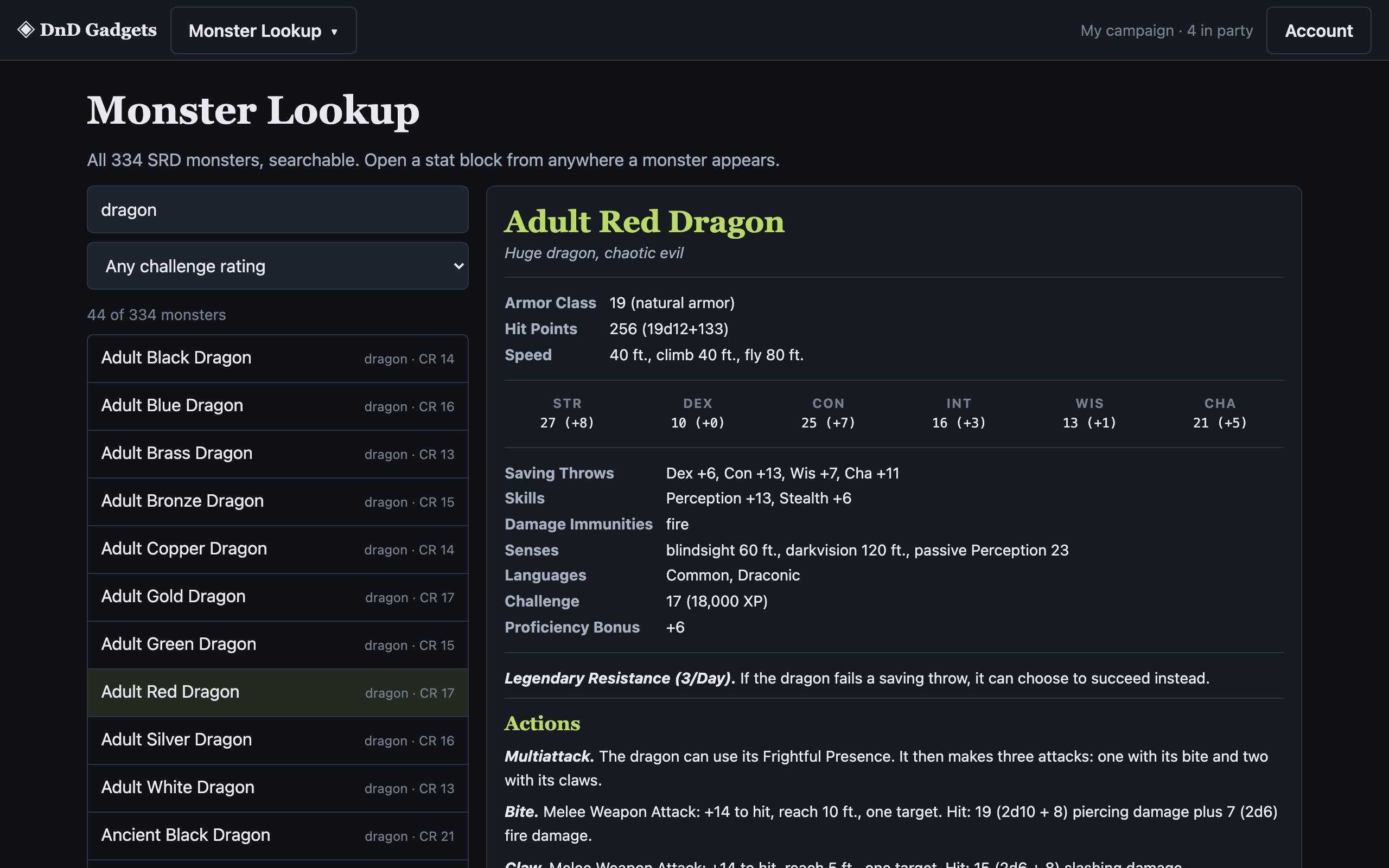 Monster Lookup in use: All 334 SRD monsters, searchable. Open a stat block from anywhere a monster appears.
