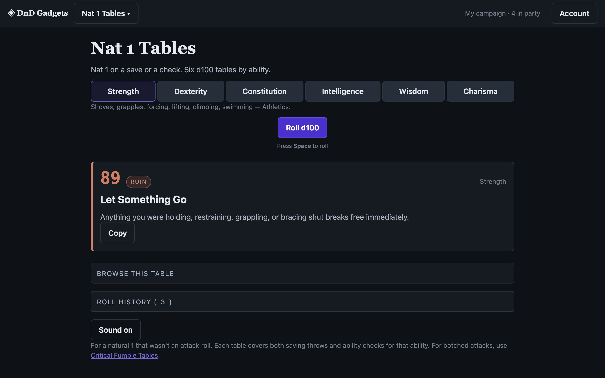 Nat 1 Tables in use: Nat 1 on a save or a check. Six d100 tables by ability.