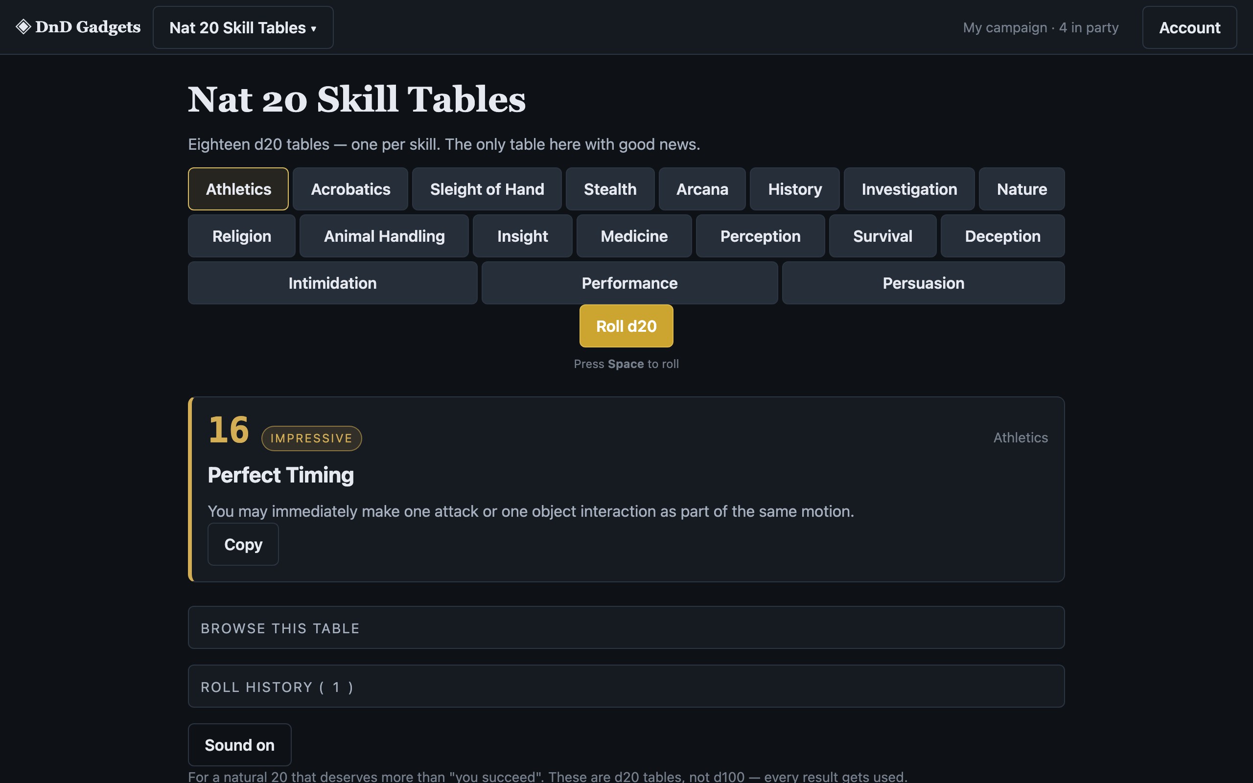 Nat 20 Skill Tables in use: Eighteen d20 tables — one per skill. The only table here with good news.