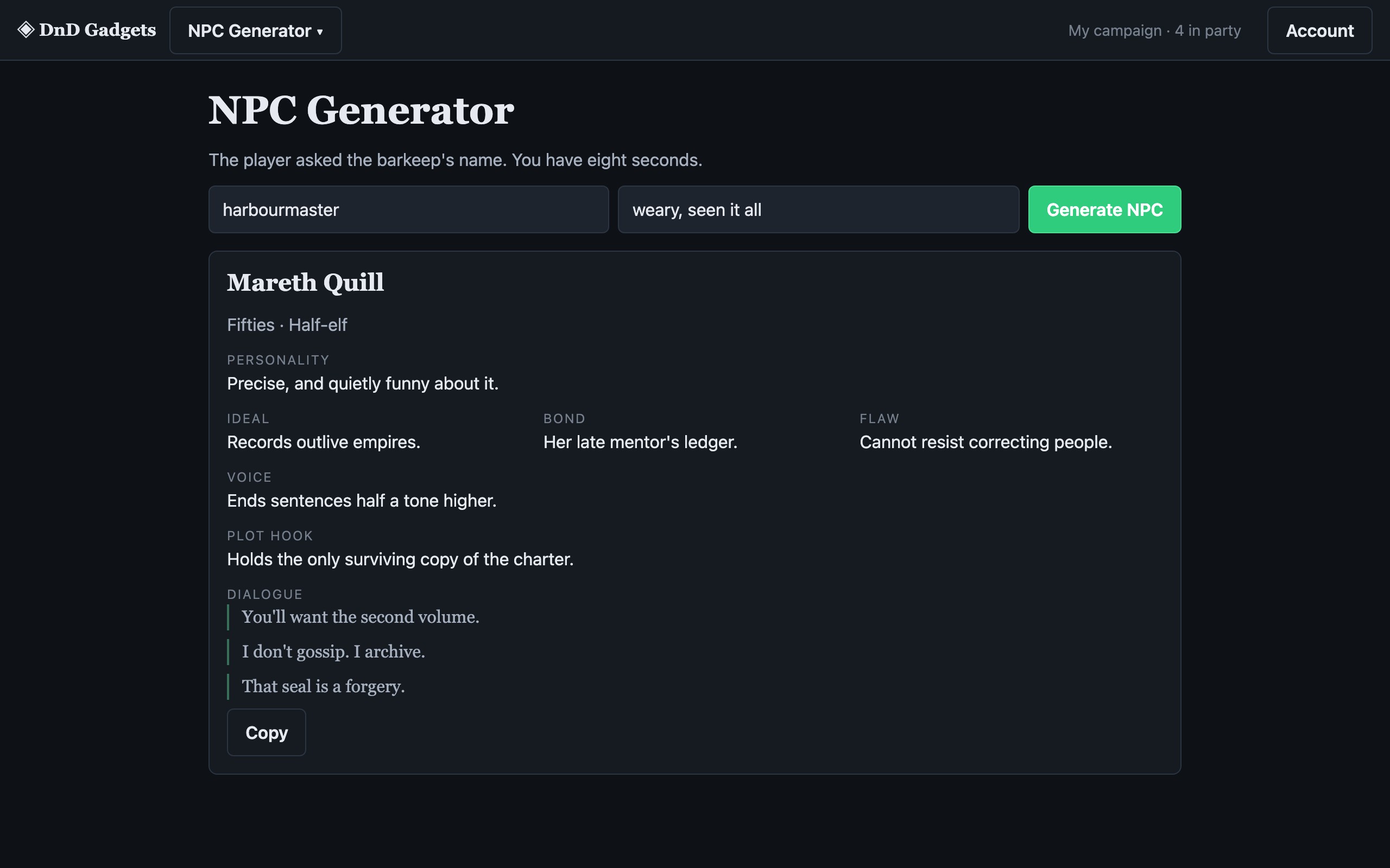 A generated NPC sheet with appearance, personality triad and dialogue hooks.