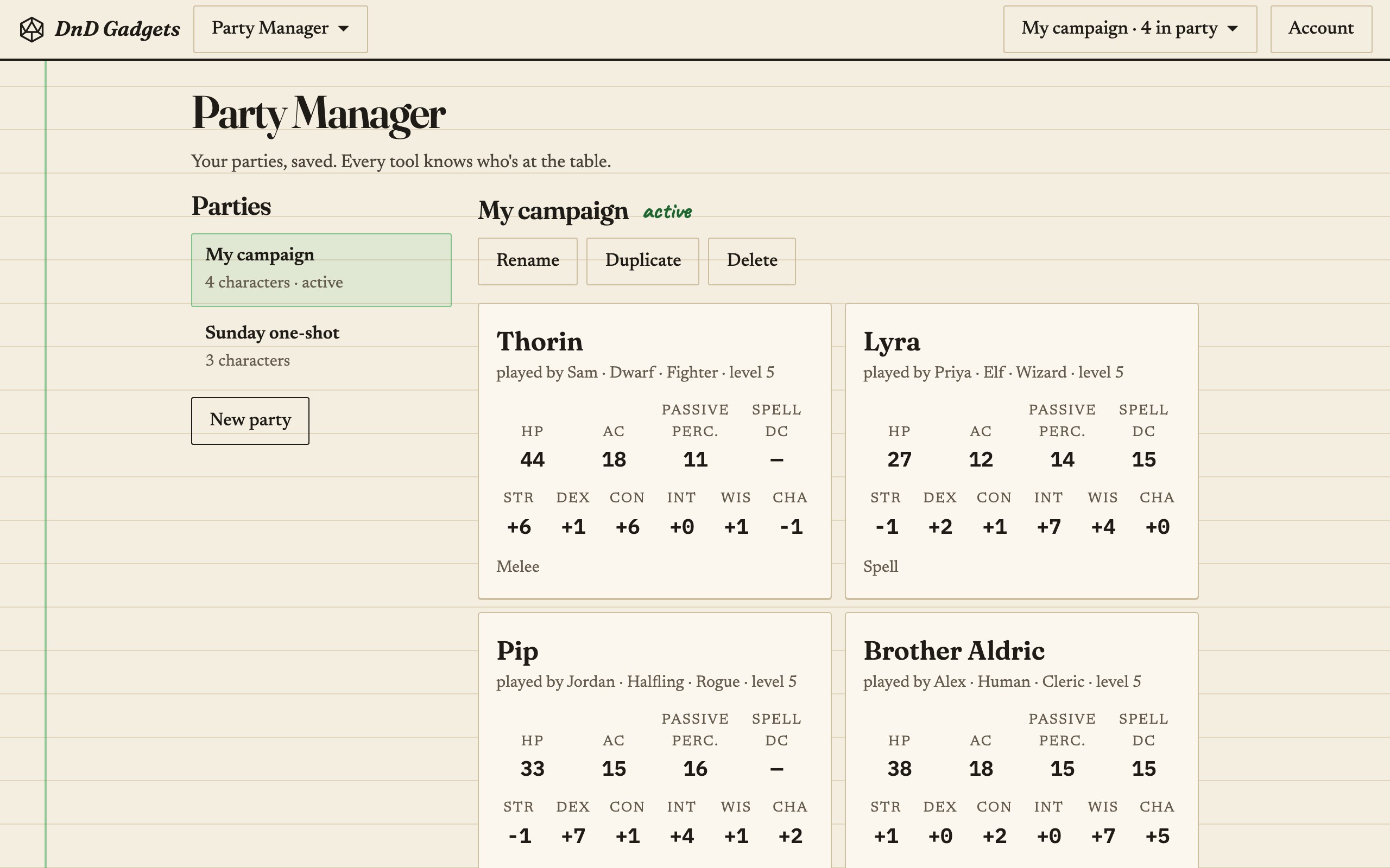 Party Manager in use: Your parties, saved. Every tool knows who's at the table.