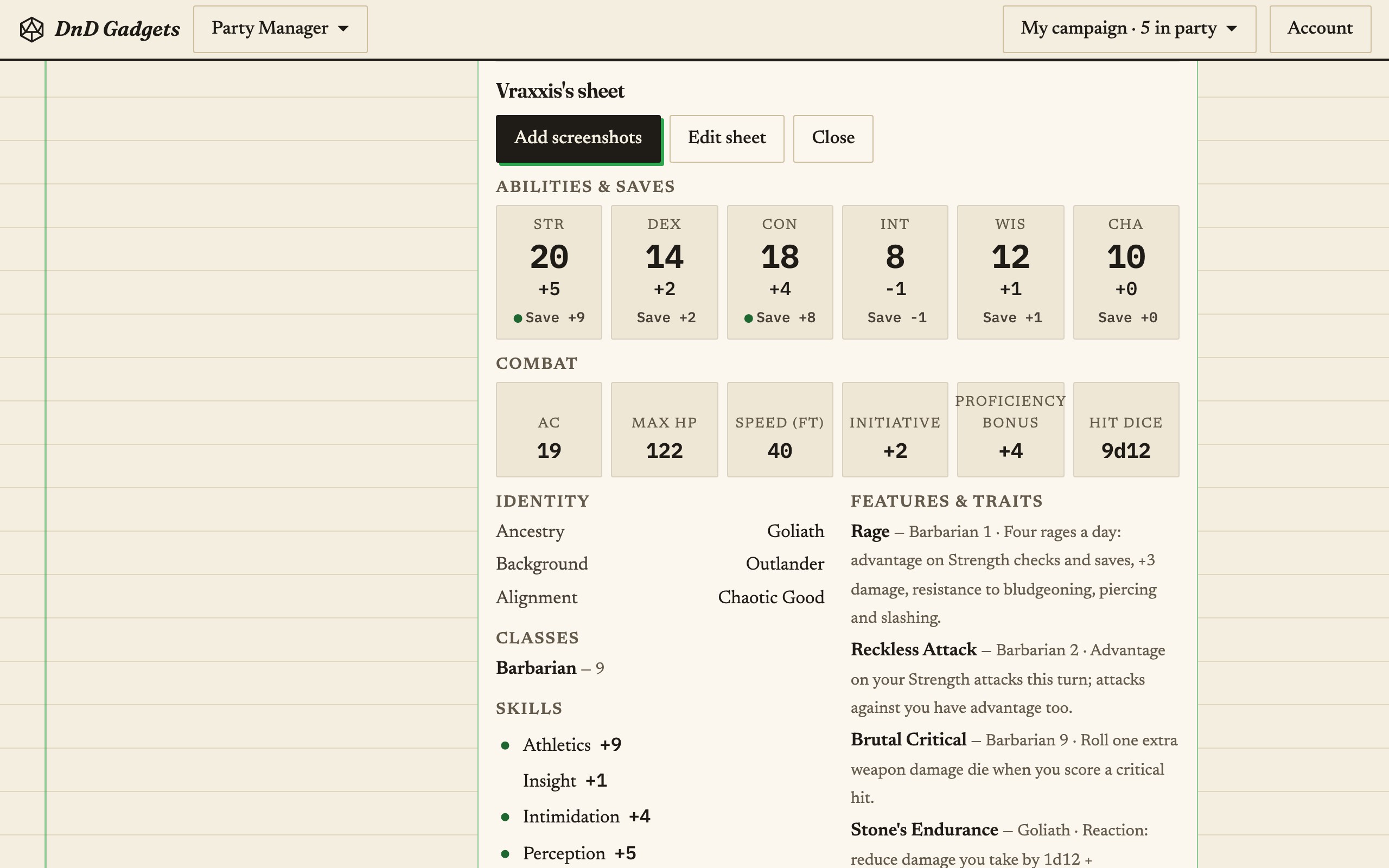 A character's full sheet in the Party Manager: ability scores and saves, combat stats, skills, attacks and inventory.