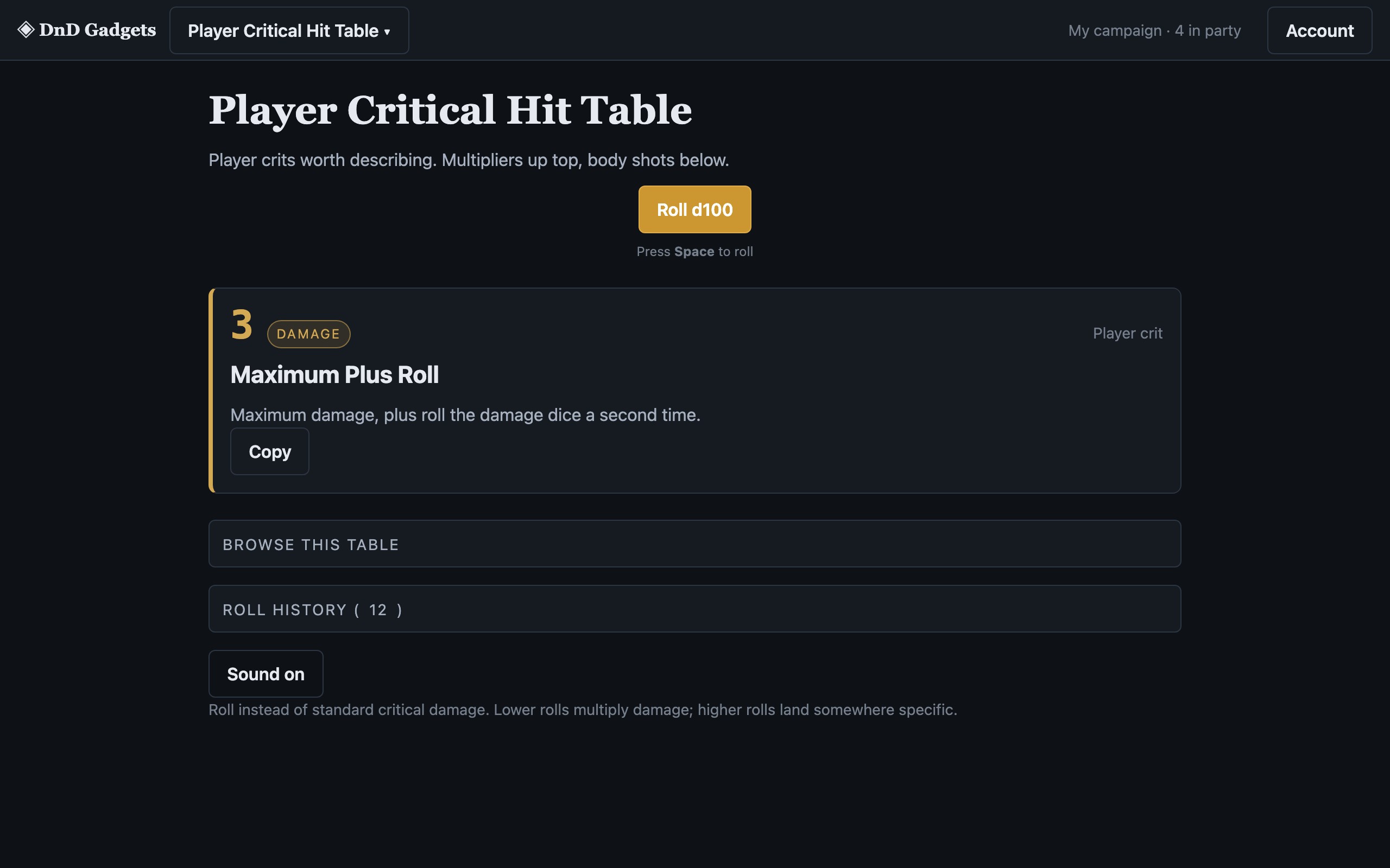 Player Critical Hit Table in use: Player crits worth describing. Multipliers up top, body shots below.