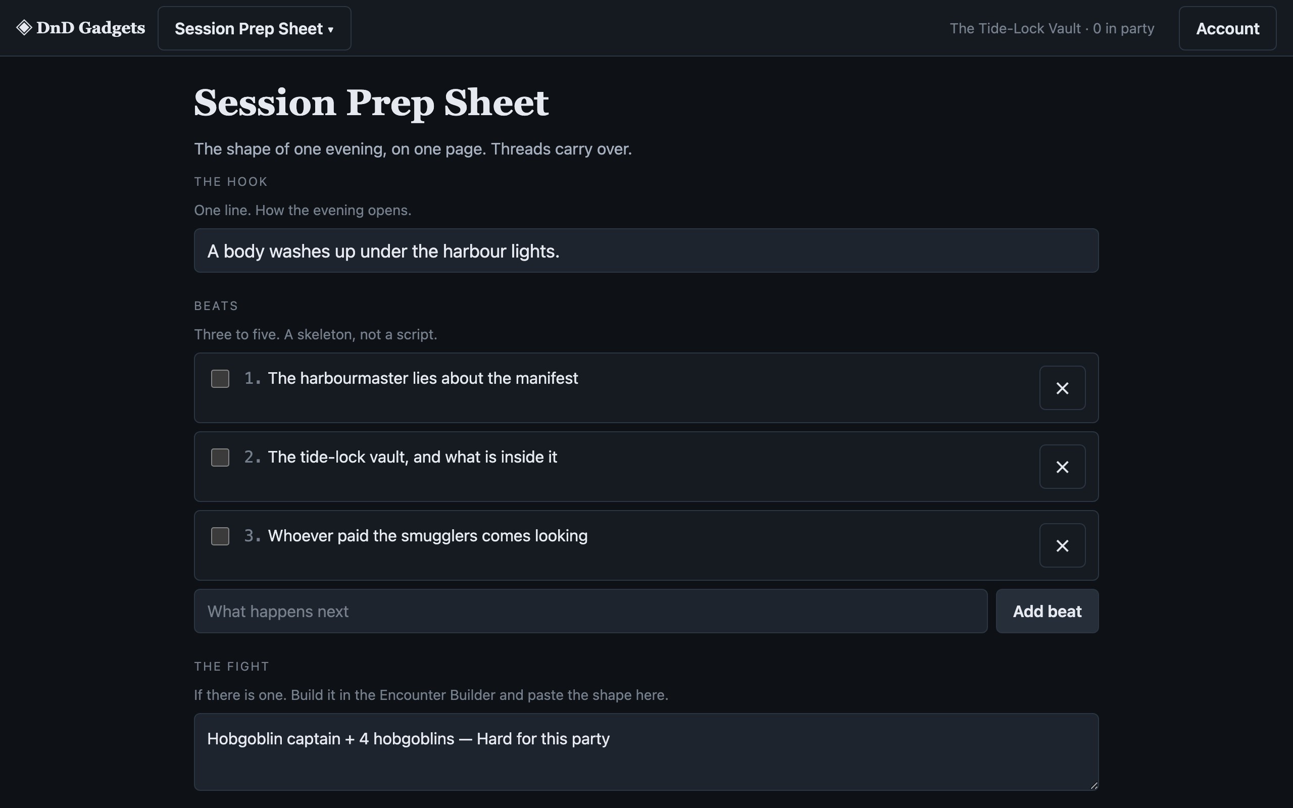 Session Prep Sheet in use: The shape of one evening, on one page. Threads carry over.