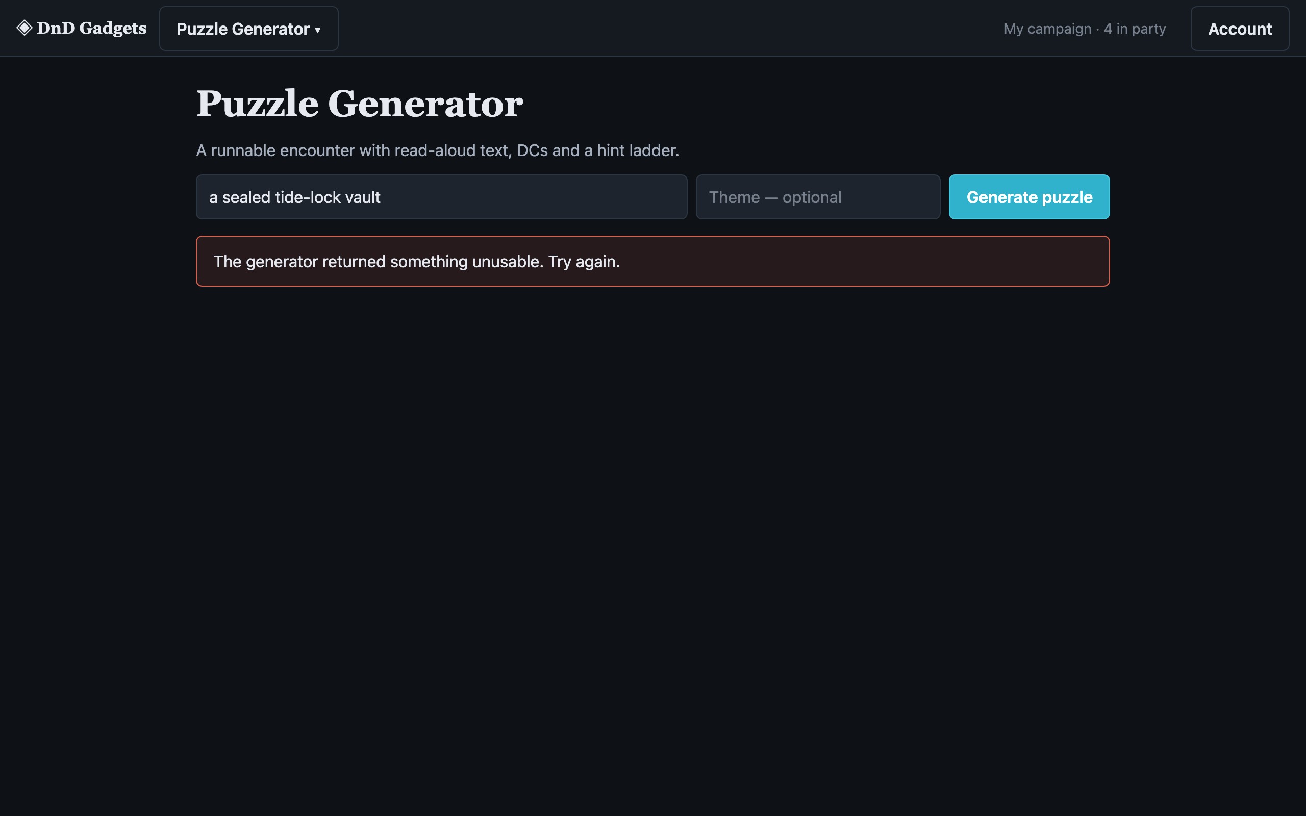 Puzzle Generator in use: A runnable encounter with read-aloud text, DCs and a hint ladder.