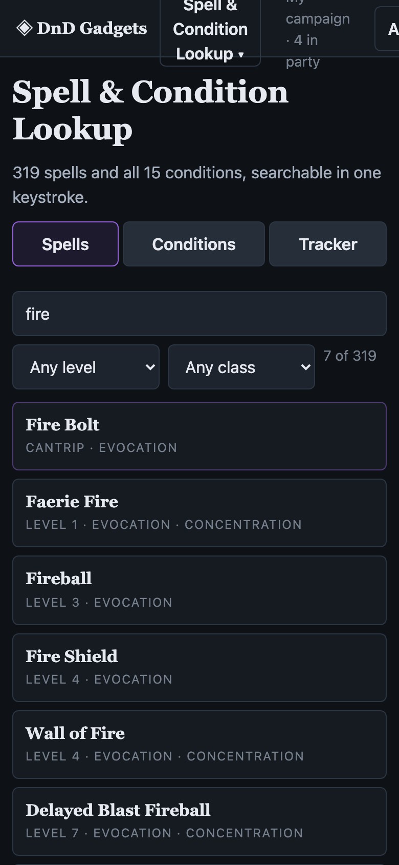 Spell and condition lookup on a phone, showing a spell opened from a search.