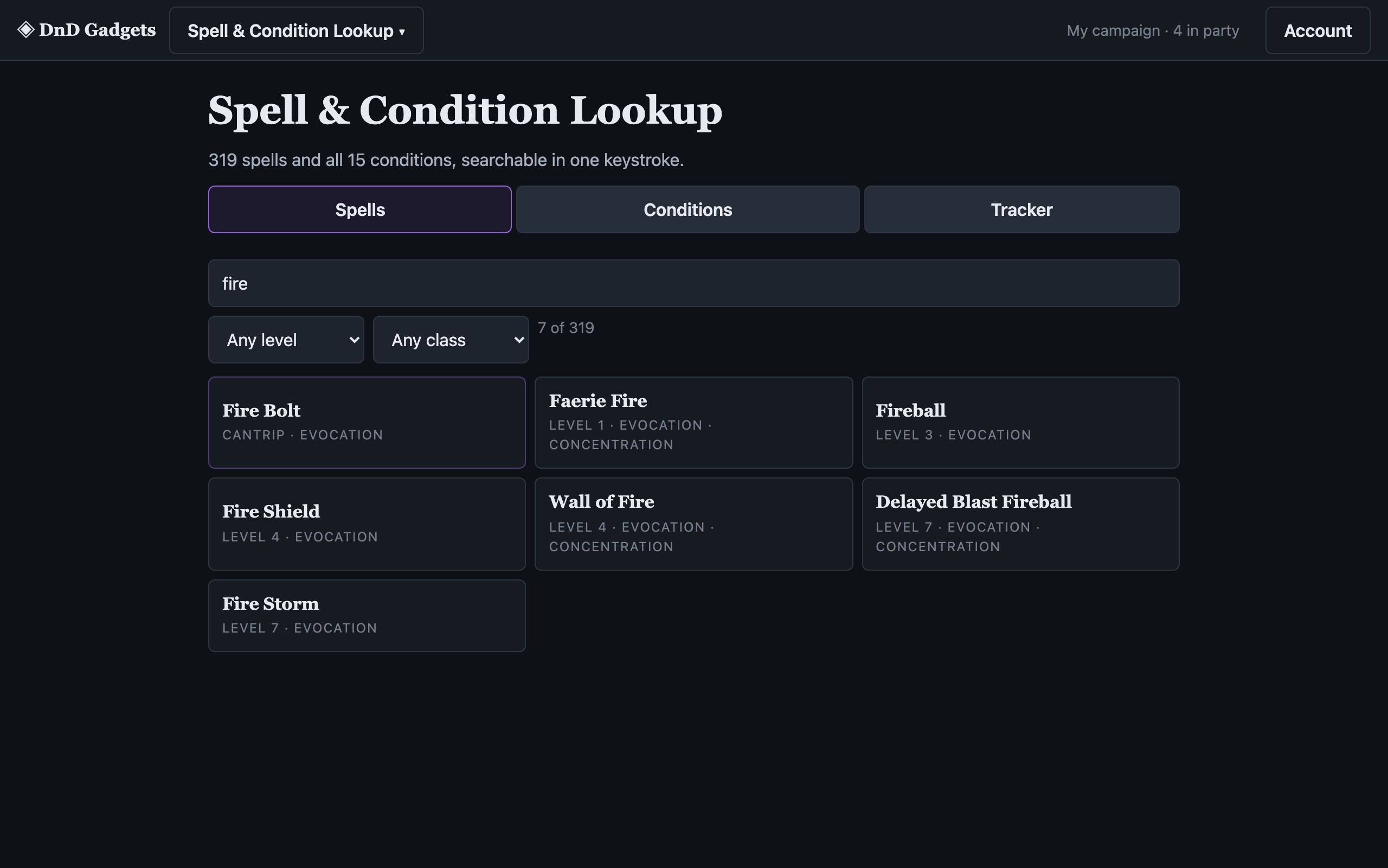 Spell & Condition Lookup in use: 319 spells and all 15 conditions, searchable in one keystroke.