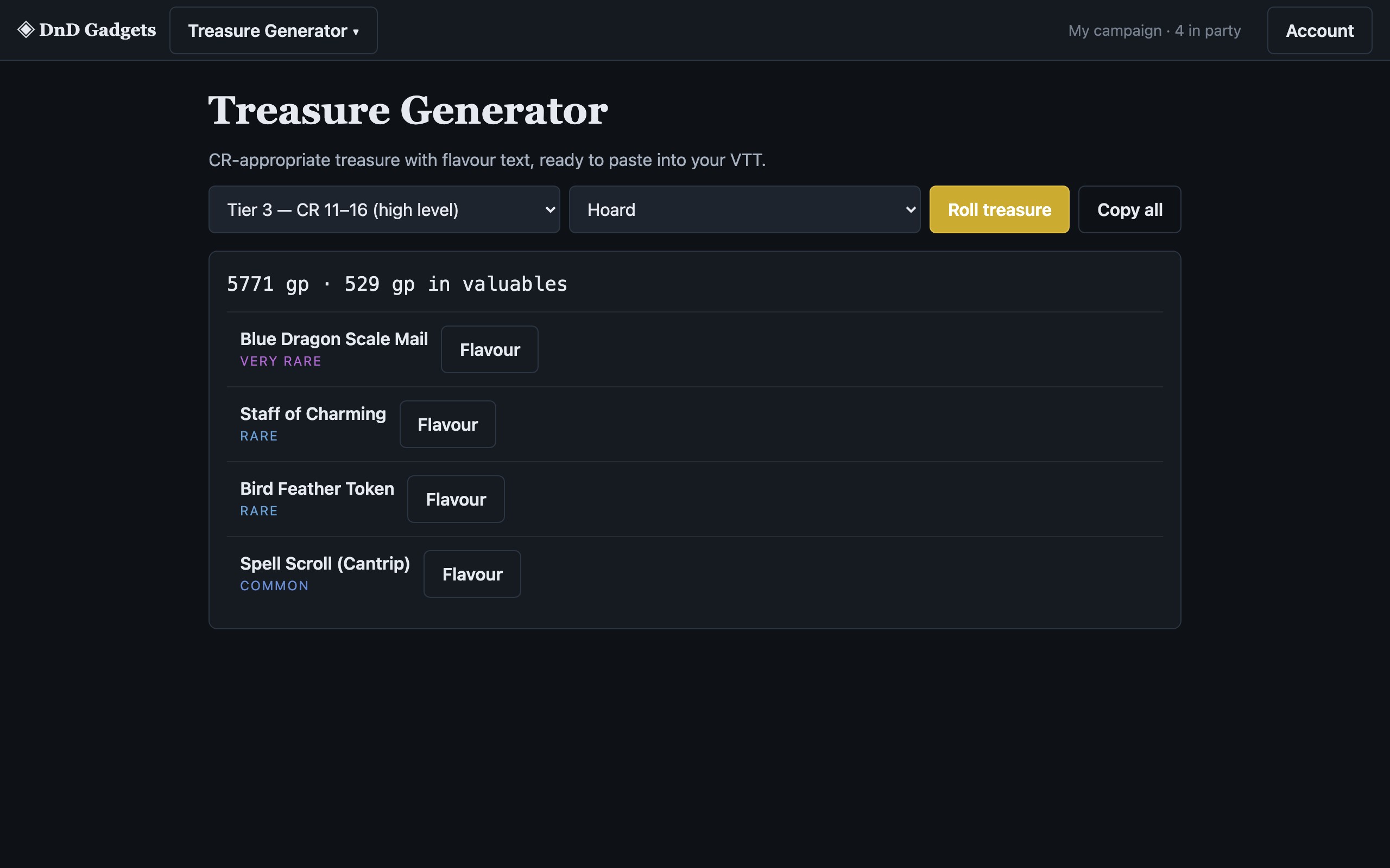 Treasure Generator in use: CR-appropriate treasure with flavour text, ready to paste into your VTT.